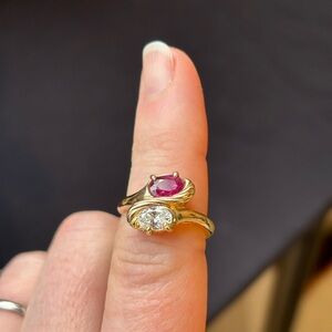 Estate 14K Gold Diamond and Ruby Moi et Toi Bypass Ring